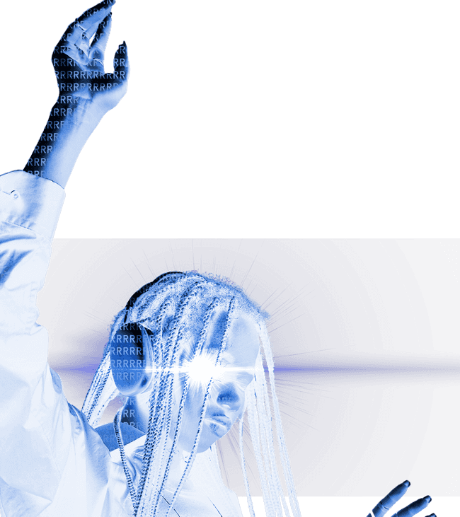 Homem com dreads, fone de ouvido, com uma mão levantada e com filtro de inversão de cores